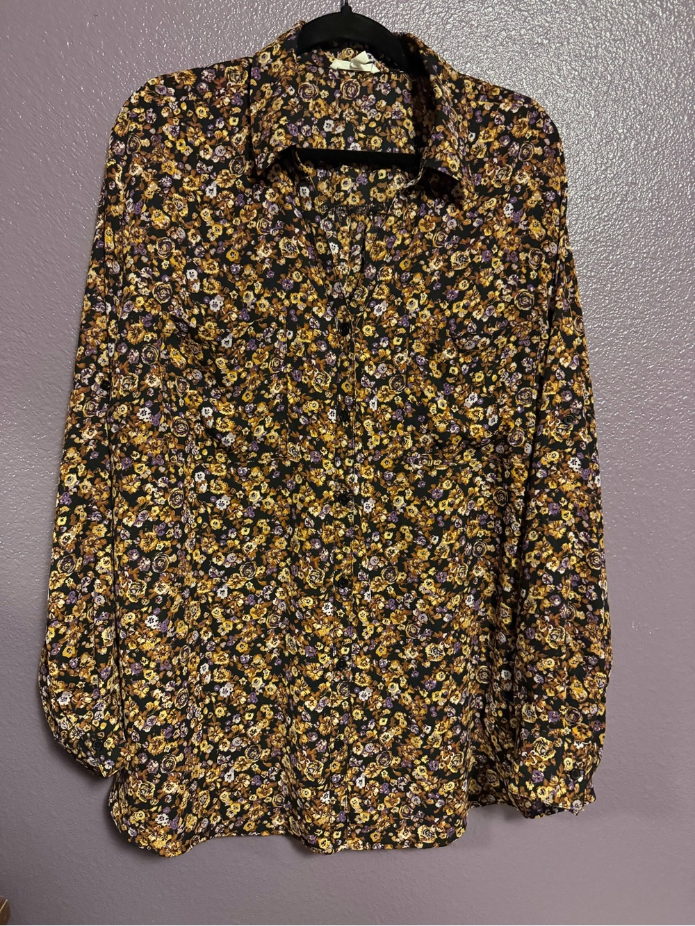 Maurices Black Floral Button-Down Blouse with Yellow & Purple Flowers